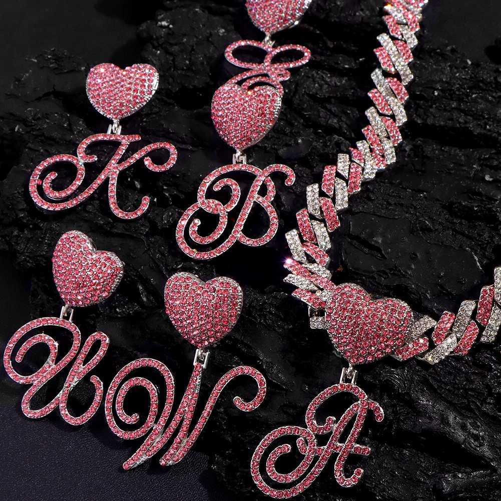 Hip Hop Bling Pink Crystal Cursive Initial Letter Cuban Necklace for Women Iced Out Paved Cuban Chain Necklace Choker Jewelry W250618