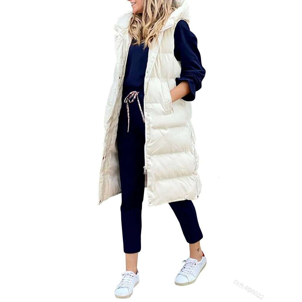 Women's Long With Hood Autumn Winter Sleeveless Warm Cotton Coat Waistcoat Quilted Vest Down Jacket Outwear 5Xl