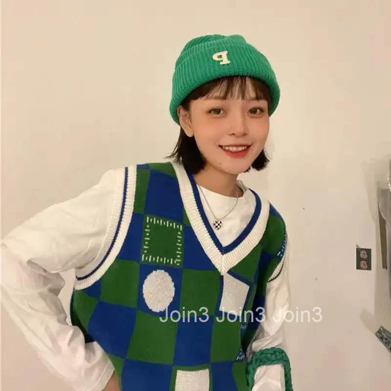 Green V-neck Vest Womens Sweater Plaid Long Knit Tops for Woman Winter 2025 90s Vintage Thermal Blouse Tall Aesthetic New In