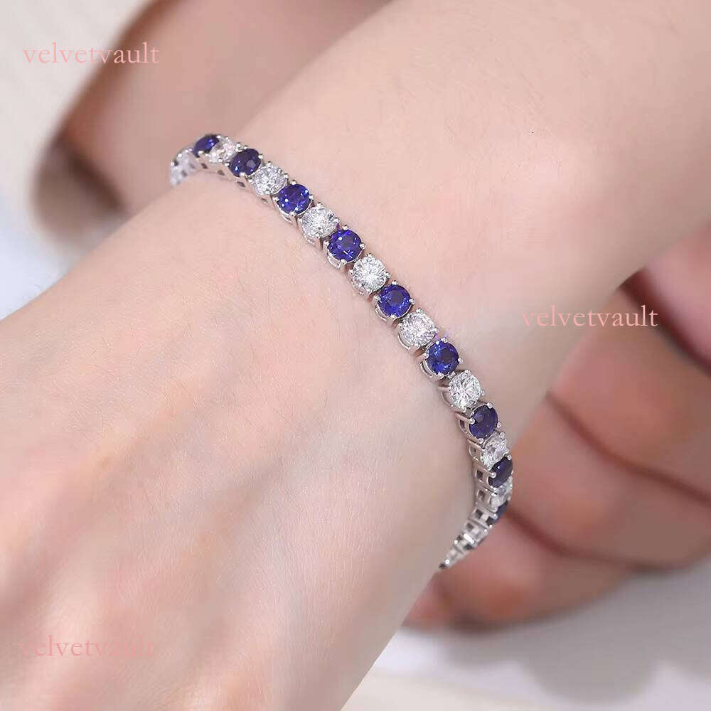 Premium Jewelry Lab-Grown 4mm Deep Blue with 14k White Gold Tennis Chain Bracelet
