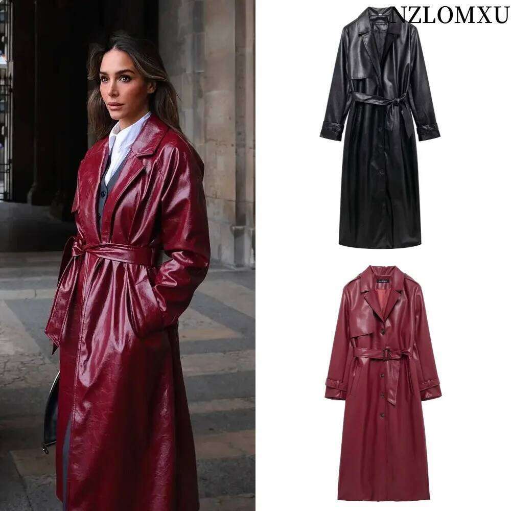 2025 Women New Fashion with Belt Style Single Breasted Faux Leather Coat Vintage Long Sleeve Pockets Female Outerwear
