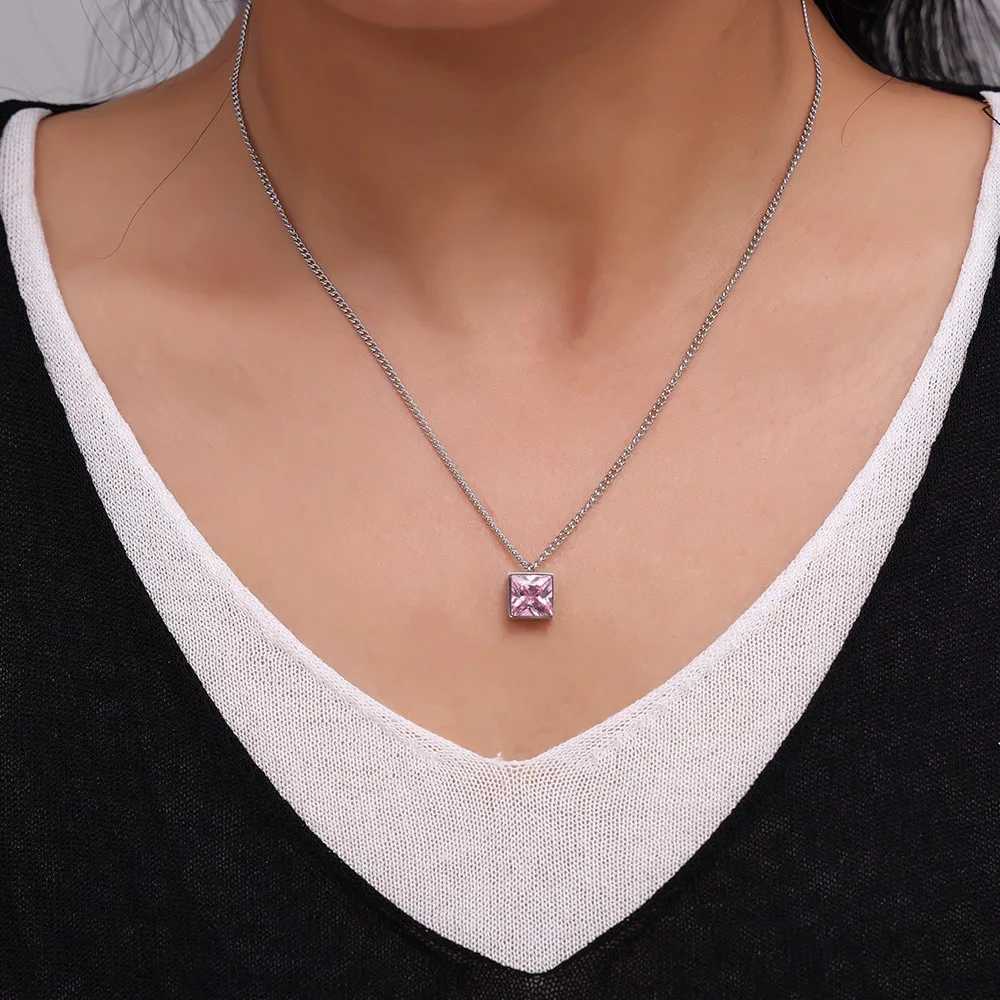 Elegant Square Pink Zircon Pendant Necklace for Women Simple Stainless Steel O Chain Waterproof Daily Jewelry Wholesale W250618