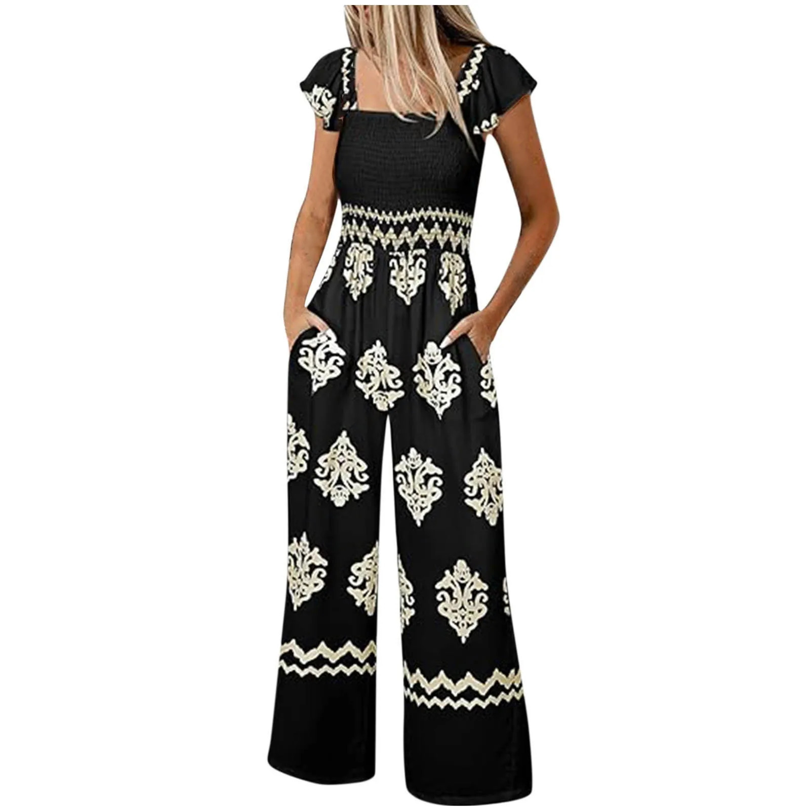 Womens Jumpsuit Bohemian Print Casual High Waist Wide Leg With Pocket for Women Jump Suit Overall 250617