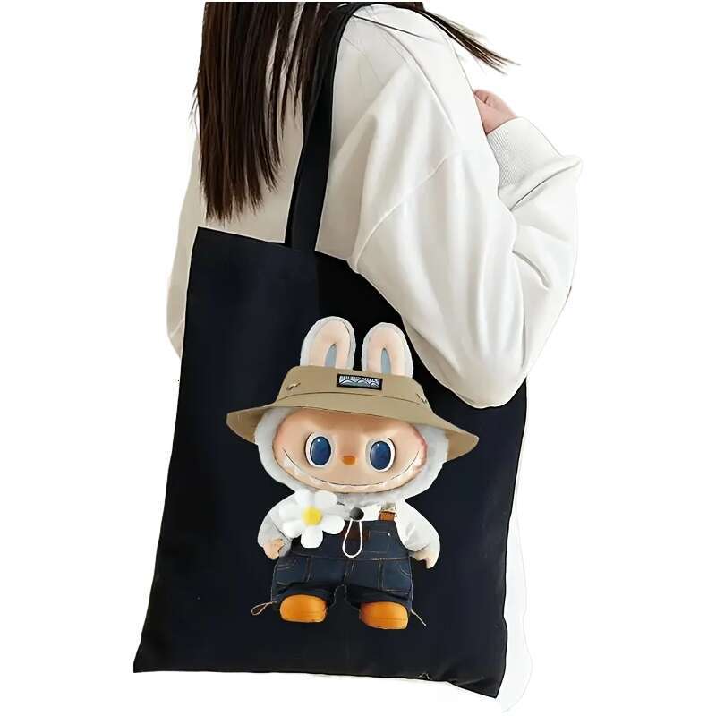 Cute Labubu Print Canvas Tote Versatile Style Durable Women's Reusable Daily Commute Shoulder Bag For Shopping
