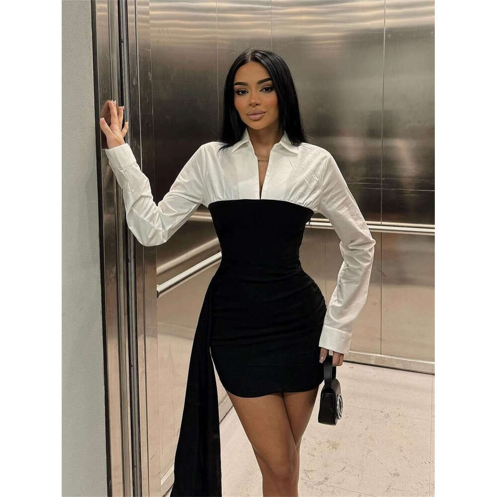 Autumn New Fashion Sexy White Elegant Color Block Turn-Down Collar Dress Women's Clothing B5