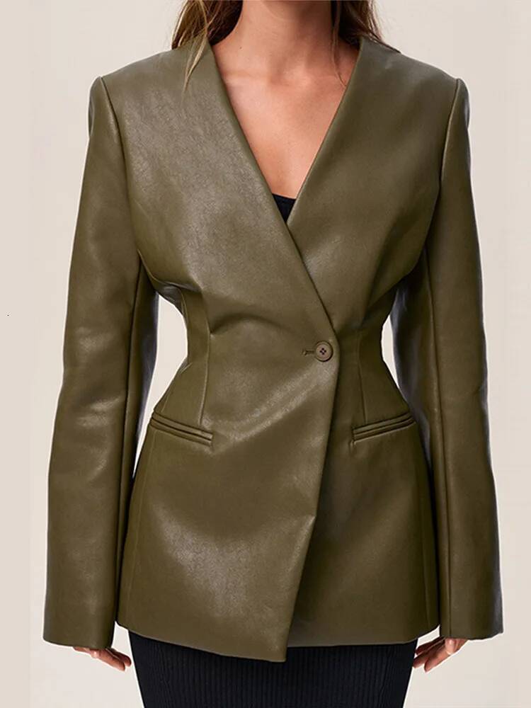 Vintage PU Leather V-Neck Jacket Women Elegant Solid Single Button Slim Fit Suit Jackets Female Spring Versatile Chic Streetwear