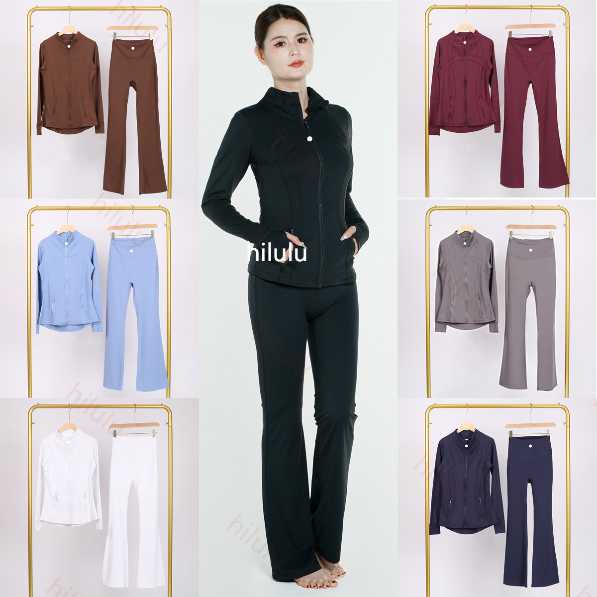 Workout set Flare Leggings & Jacket 2 Piece Yoga set High waist Tummy Control Workout Outfit Gold zipper Lounge activewear Trendy matching Gym Clothing women Summer