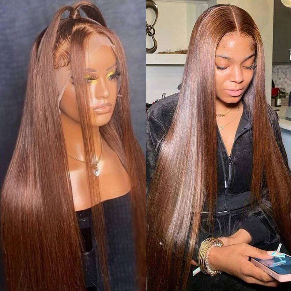 13x4 30 40 Inch Chocolate Brown Straight Front Human Hair Wig 13x6 Transparent Hd Pre Plucked Lace Frontal Wigs For Women
