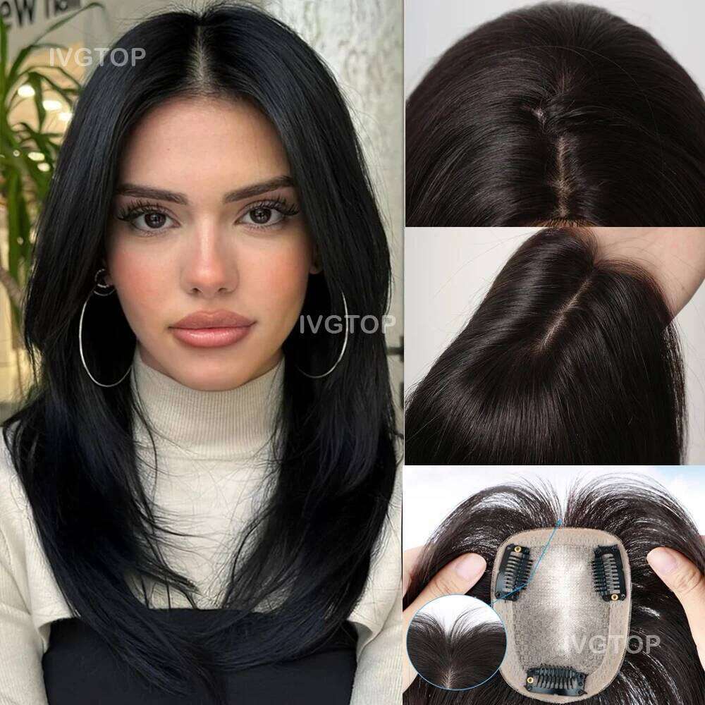 8x12cm Base Topper for Women Summer Breathable Silk Top Toupee Remy Human Hair System Cover with Clips in Black