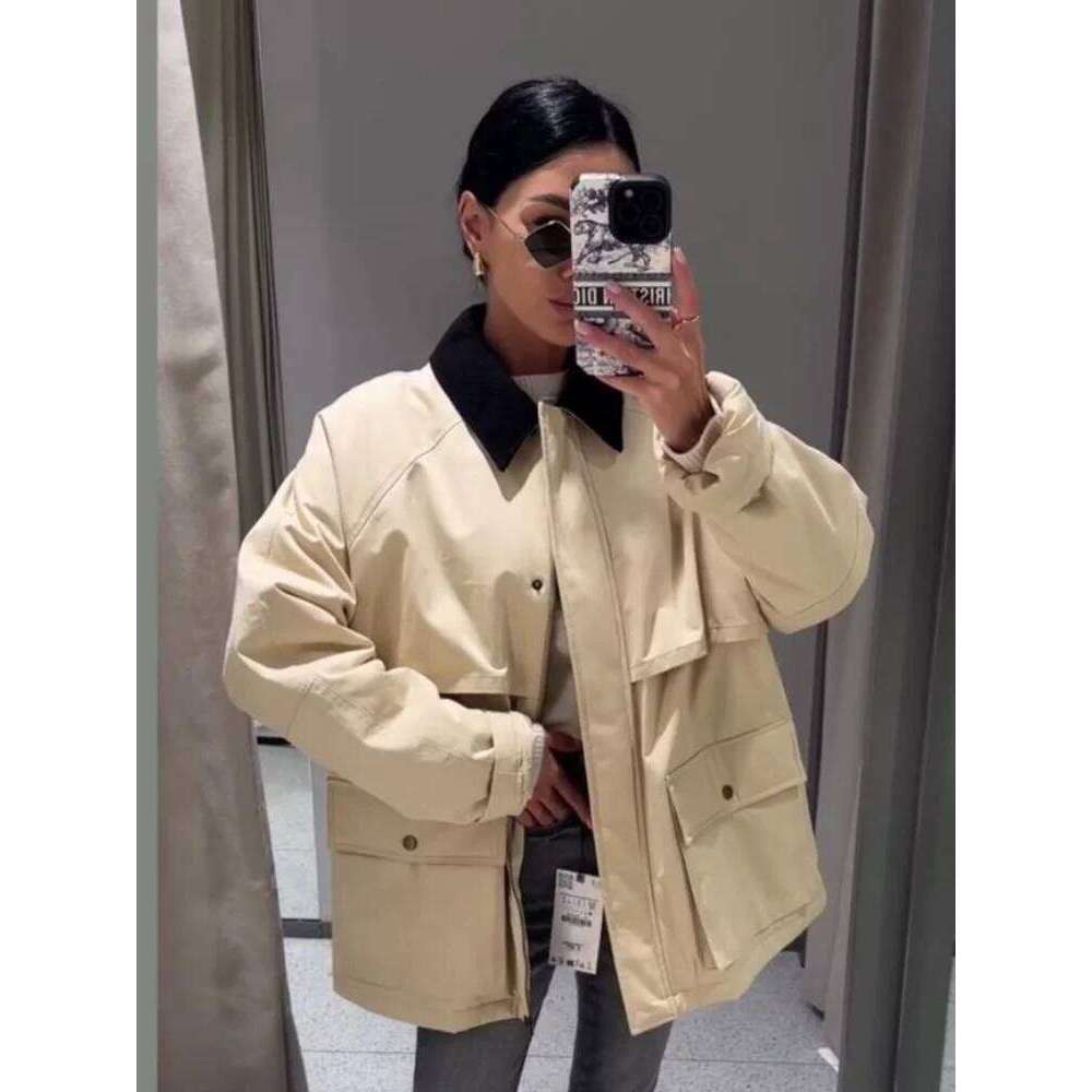Contrast Lapel Women's Jackets Casual Long Sleeve Zipper Pocket Female Coats Autumn Winter Fashion Lady Streetwear Outwears