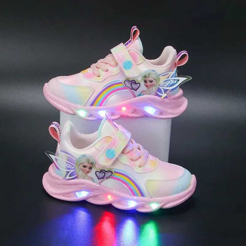 Girls Casual Shoes Led Lights Mesh Breathable CHIldrens Sports Princess Elsa Pink Purple Shoes Sneakers Size 22-35 Z250618