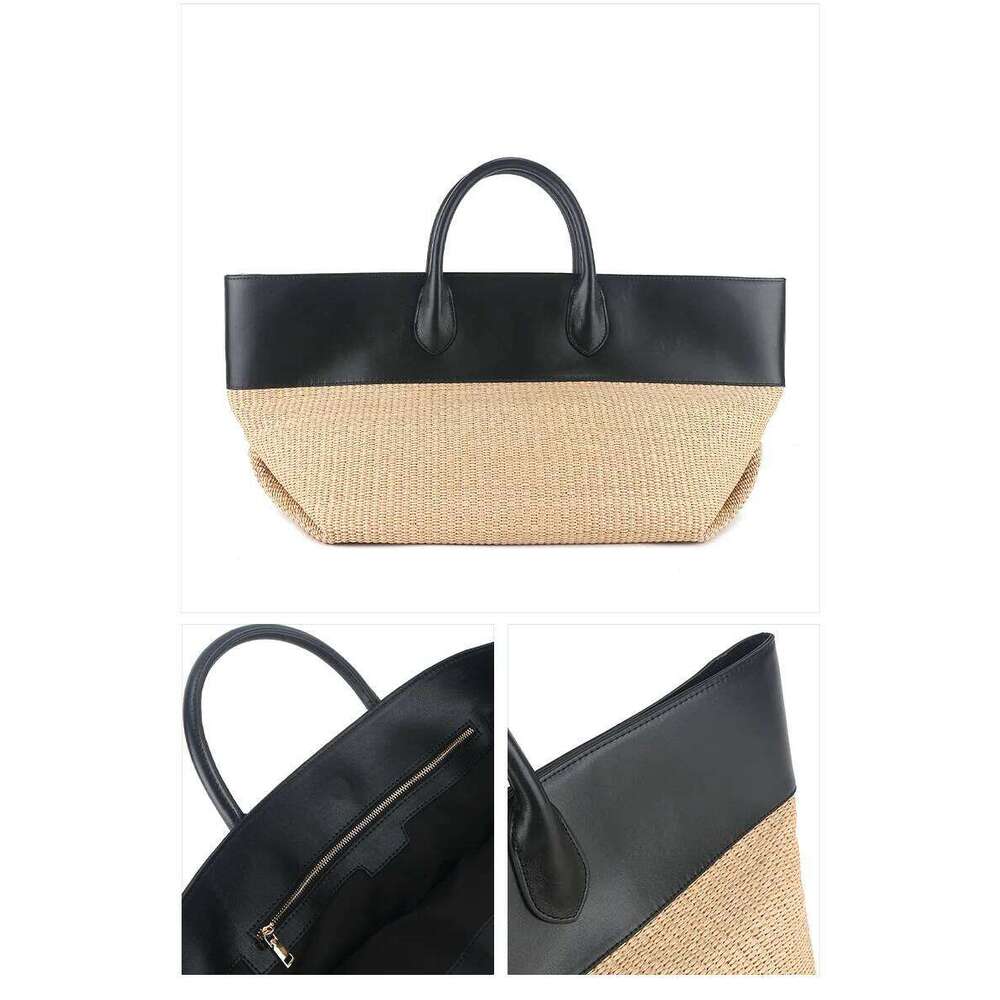 Summer Straw Shoulder Large Capacity Rattan Handle Splicing Color Beach Bag Genuine Leather Tote Bags For Women