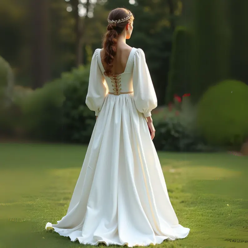 Simple Satin A-Line Medieval Wedding Dresses Corset Bodice with Lace-Up Back Long Sleeves Fantasy Ivory Renaissance Bridal Gown Customized