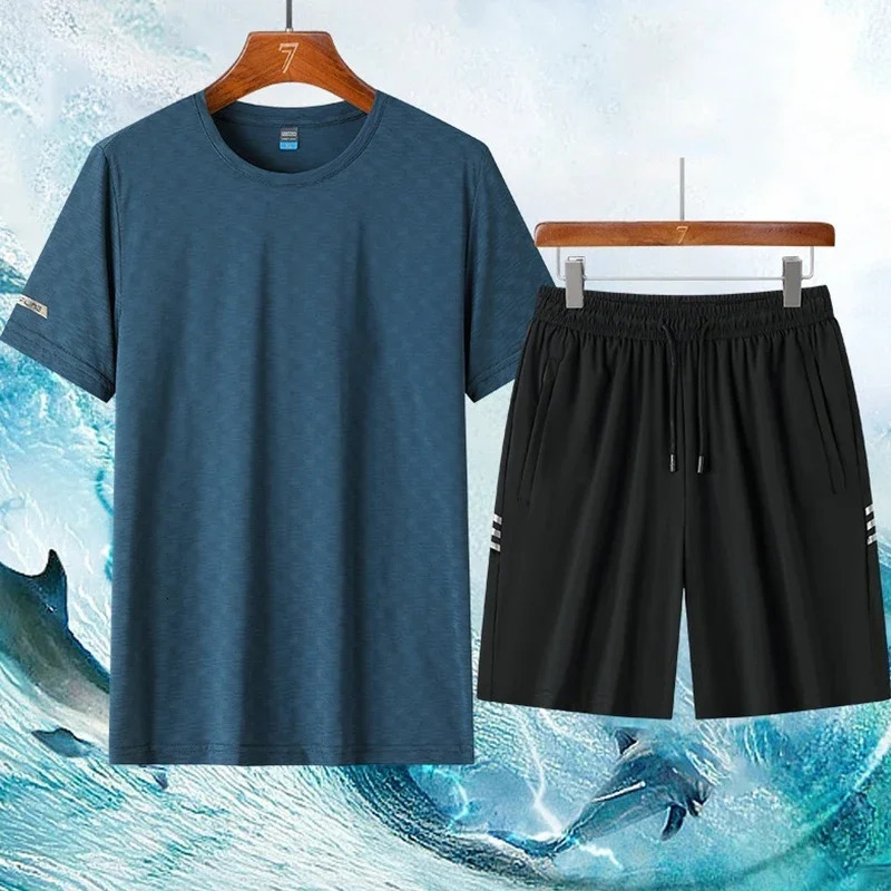 High-quality Ice Silk Breathable Mens Short Sleeve T-shirt With 5-point Shorts Set Comfortable Cool Outdoor Sports Set 250617