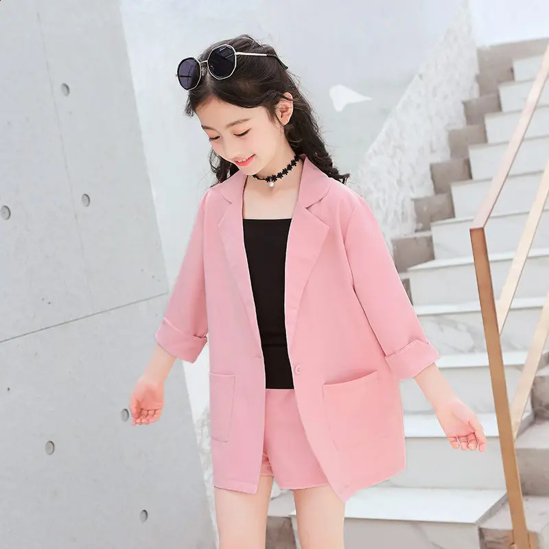 Kids Girls Blazer Jacket Vest Shorts 3PCS Tuxedos Suit for Kids Suit Children Girls Blazer For Wedding Party Pink Grey Color 250617