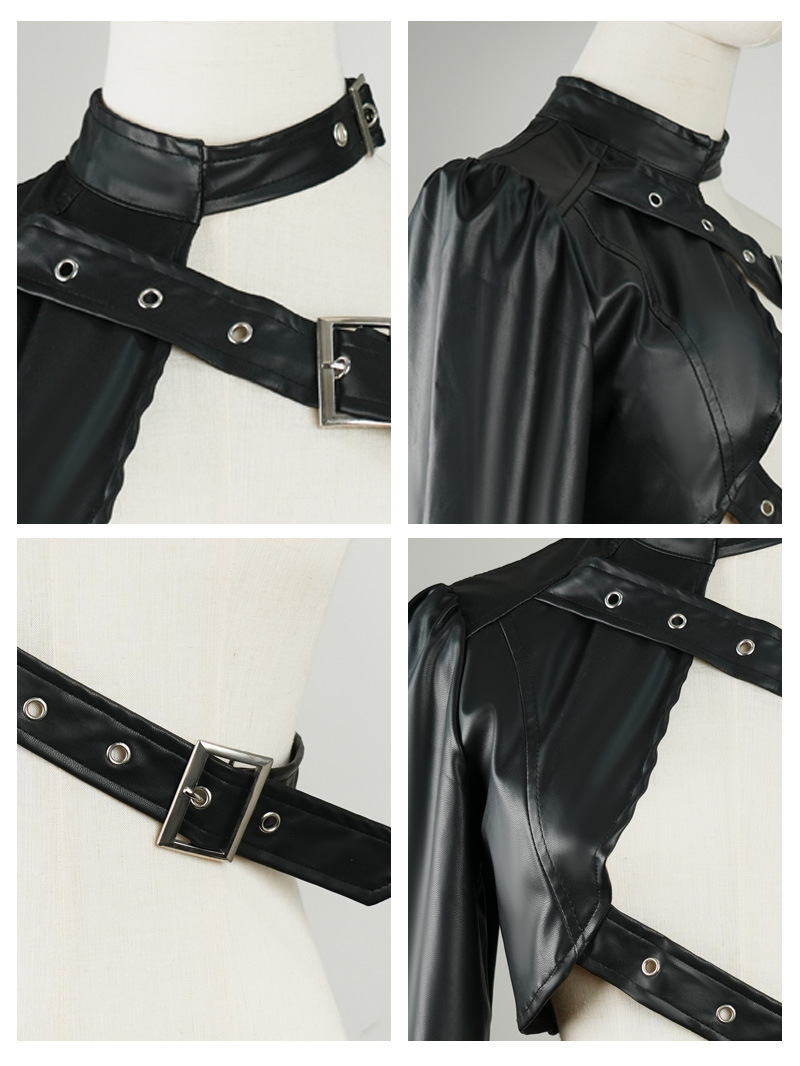 2025 Black Punk Single Shoulder PU Leather Coat Rock Dance Versatile Irregular European and American