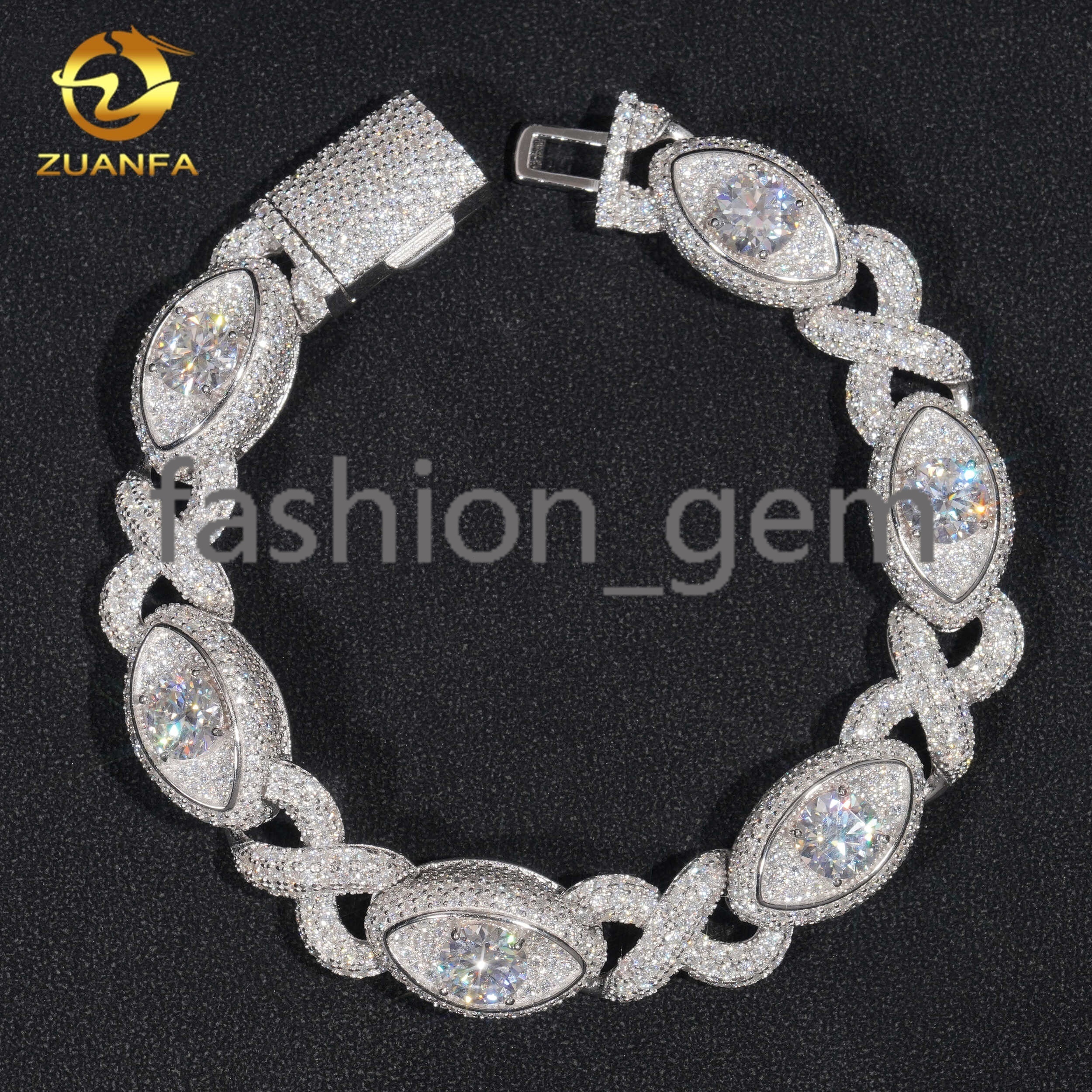 New Trendy Custom 13mm Hip Hop Iced Jewelry 925 Sterling Silver Fully Iced Out VVS1 Moissanite Diamond Evil Eyes Cuban Bracelet