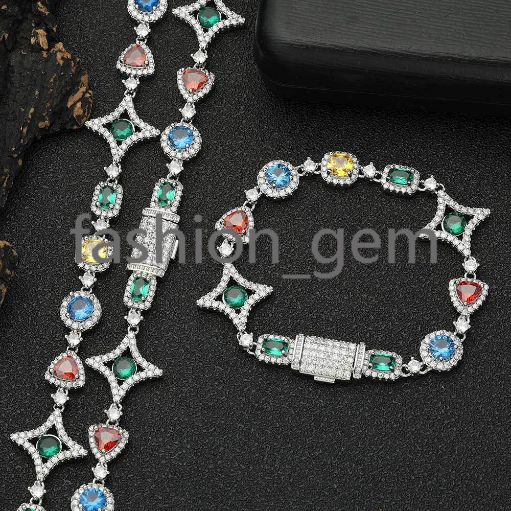 New Arrival Colorful Gemstone Chain for Women 18K Gold Plated Colored moissanite Geometry Motif Link Necklace Hip Hop Jewelry