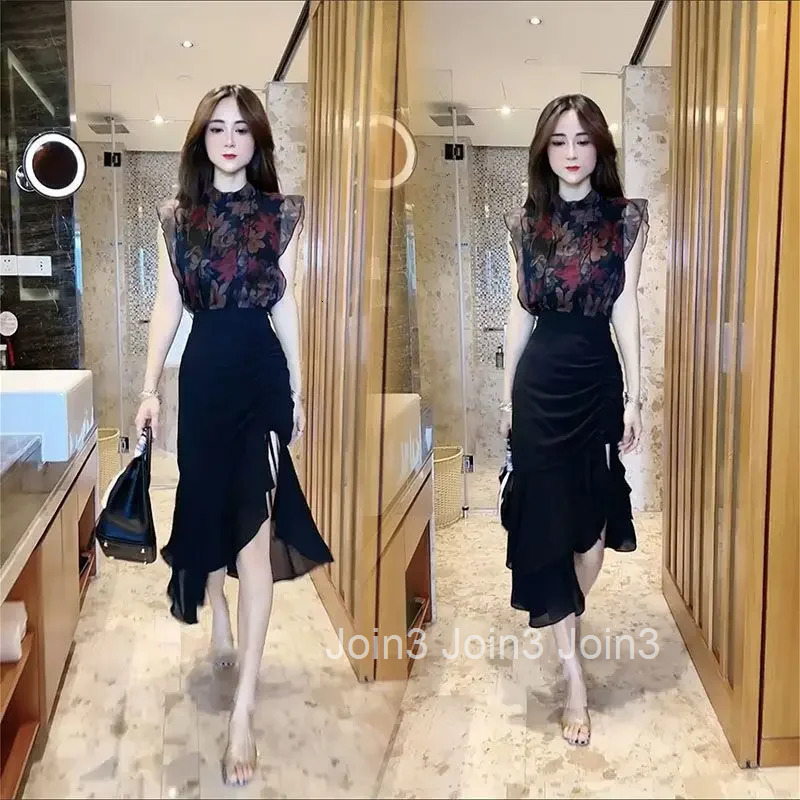 Short Sleeve Woman Outfit Sexy Slit 2 Pieces Sets For Women Skirt Korea Cheap Clothing Korean Style Offers Co Ord New Matching
