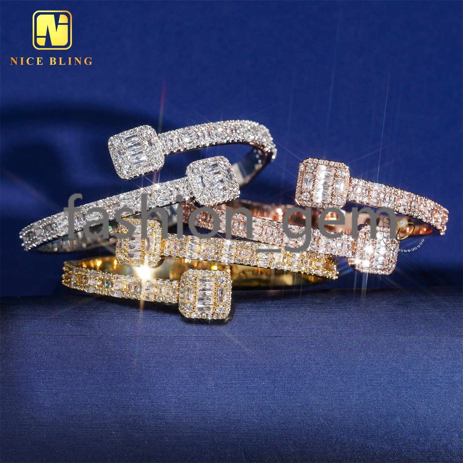 Ready Stock Good Quality Affordable Iced Out Bangle Bracelet 18k Gold Plated Necklace moissanite Jewelry Hip Hop Rock Gifts
