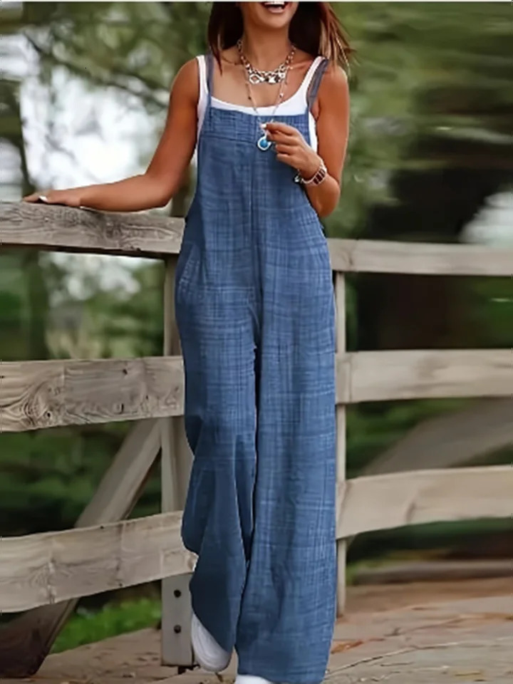 Womens Sleeveless Jumpsuit with Suspender Loose Casual Pocket Monochromatic Summer 250618