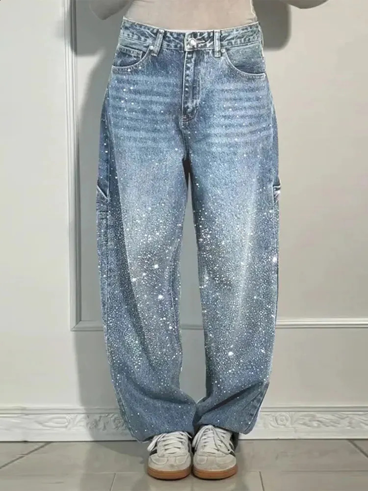 Shiny Rhinestone Baggy Womens Wide Leg Jeans Full Diamond Wide Leg Dragging Denim Pants Vintage Washed Pants Casual Trousers 250617