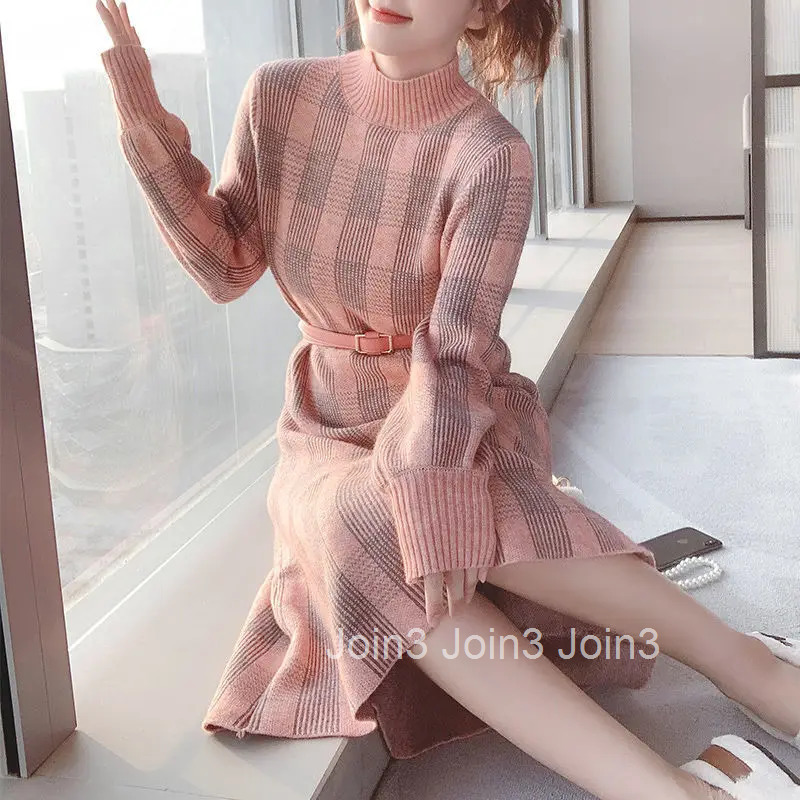 Pink Turtleneck Plaid Knitted Woman Dress Crochet Dresses for Women 2025 Outfits Elegant Party New In Promotion Features Clothes