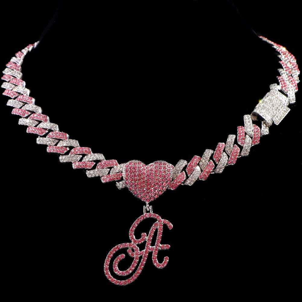 Hip Hop Bling Pink Crystal Cursive Initial Letter Cuban Necklace for Women Iced Out Paved Cuban Chain Necklace Choker Jewelry W250618