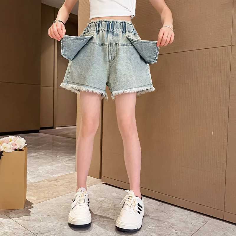 Girls summer big pocket breasted shorts 2025 summer new product fashion jeans casual sports shorts 5-15 years oldC250617