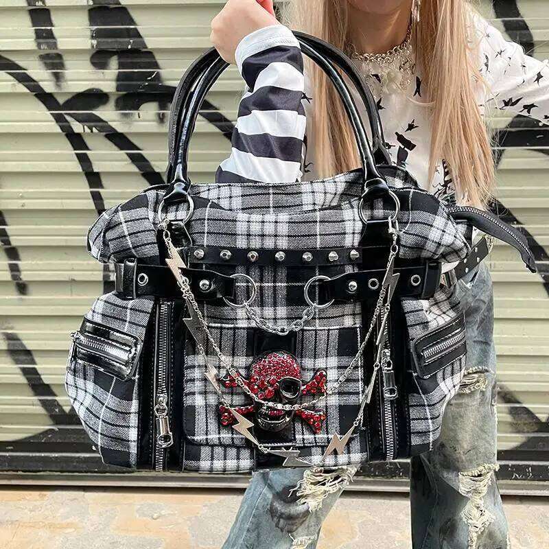 MBTI Plaid Y2k Womens Shoulder Canvas Punk Chains Fashion Tote Bag Aesthetic Haruku Style Casual Commuter Female Handbag