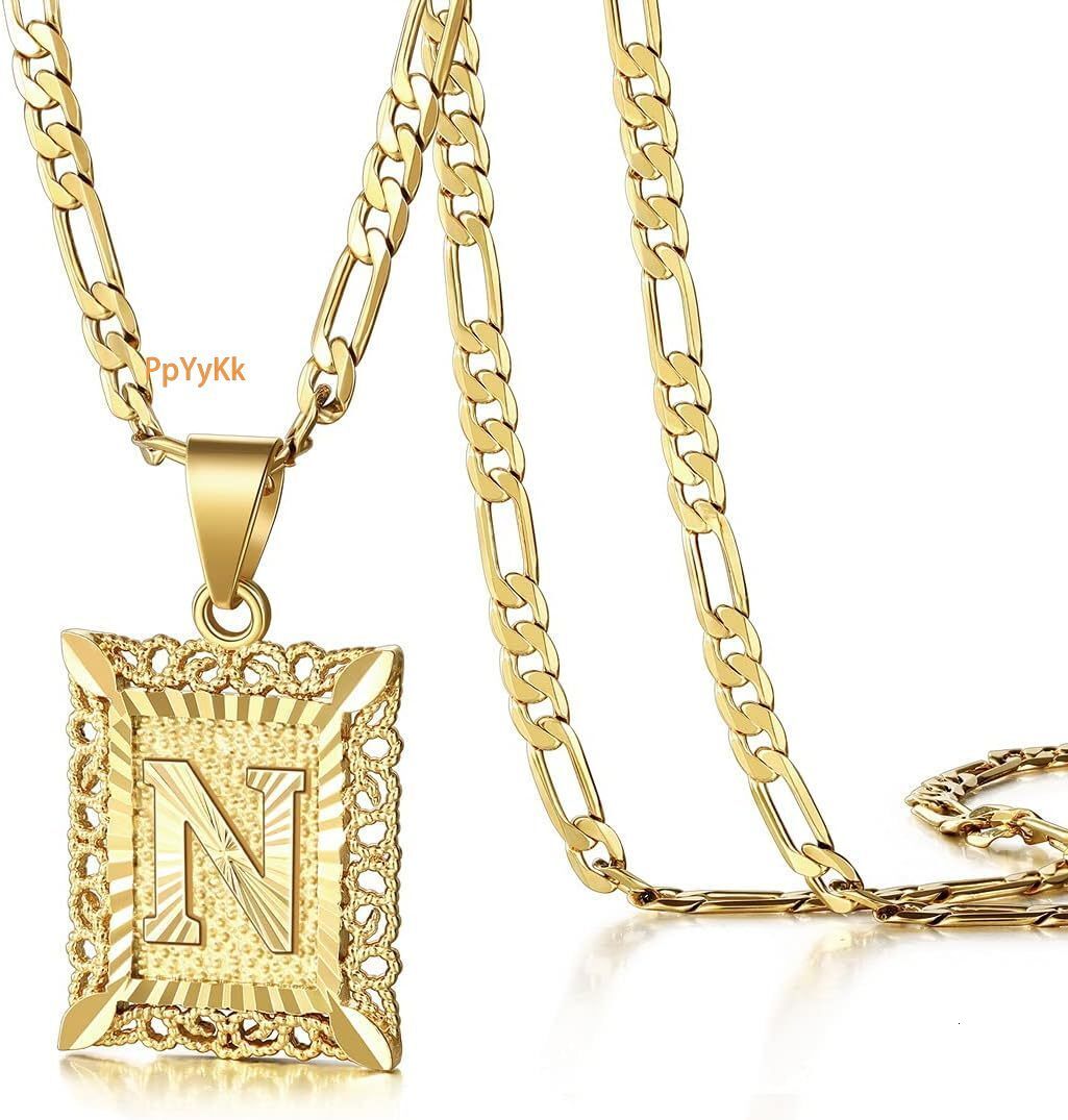 Luxury Unisex Initial Pendant Necklace 18K Gold Plated Square Capital Letter Interwoven Design A-Z Alphabet Charms on Premium Figaro Chain