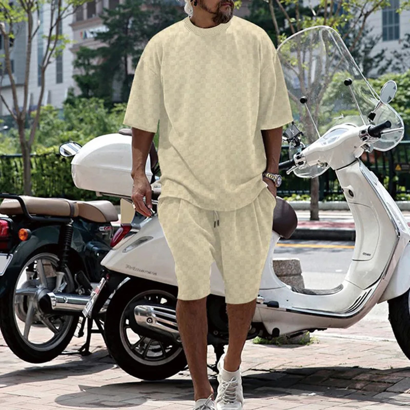 Cross-border Mens Summer Plaid Short Sleeve Loose Large Size Straight Casual Shorts Set 250617