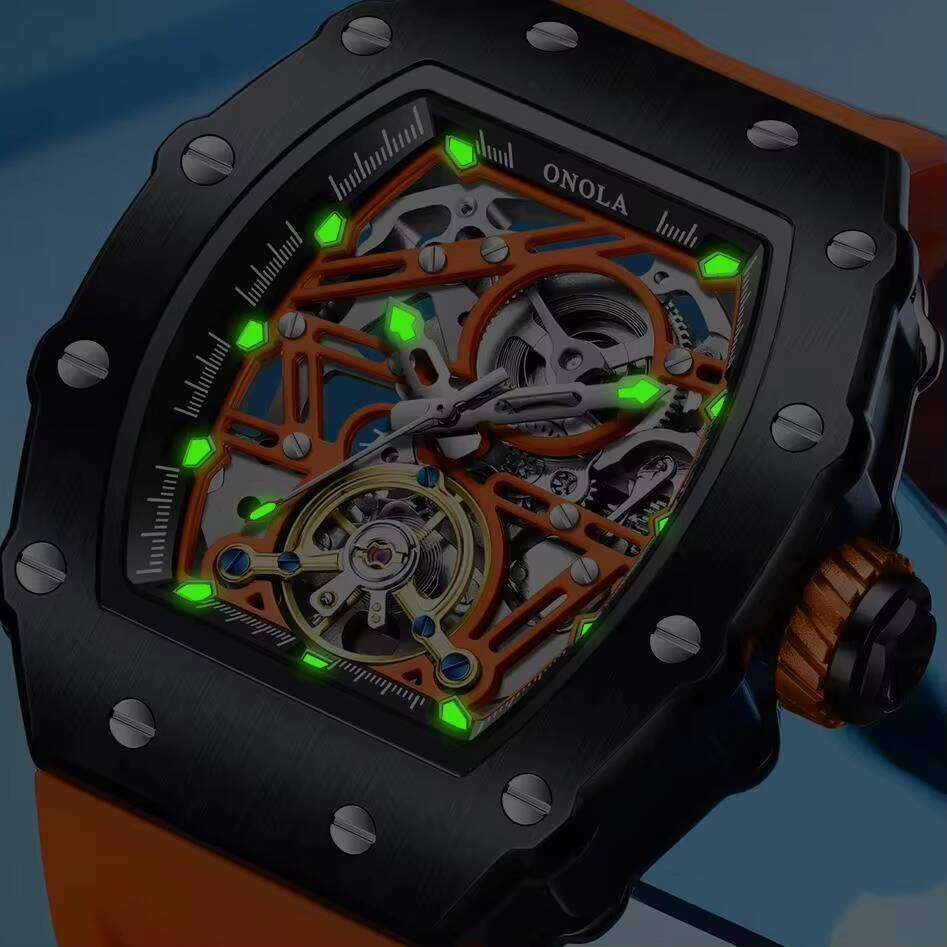 DHgadgets Fashion Hollow Tonneau Dial Automatic Sports Silicone Strap Mechanical Luminous Men's Watch