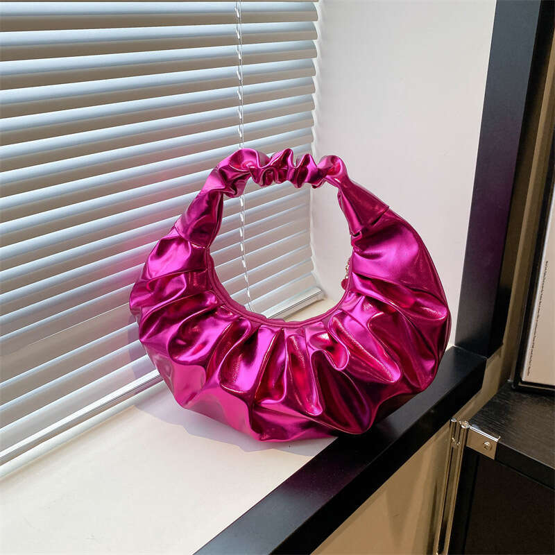 Women's New Shiny PU Pleated Preppy Style Handheld Bag for Outdoor Recreation