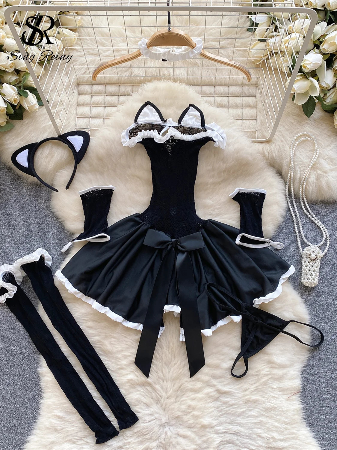 SINGREINY Erotic Uniform Sheer Sexy Pajamas Women Lace Hollow Out Slim Nightwear sweet Cat Cosplay Mesh Porn Underwear Sets 250617