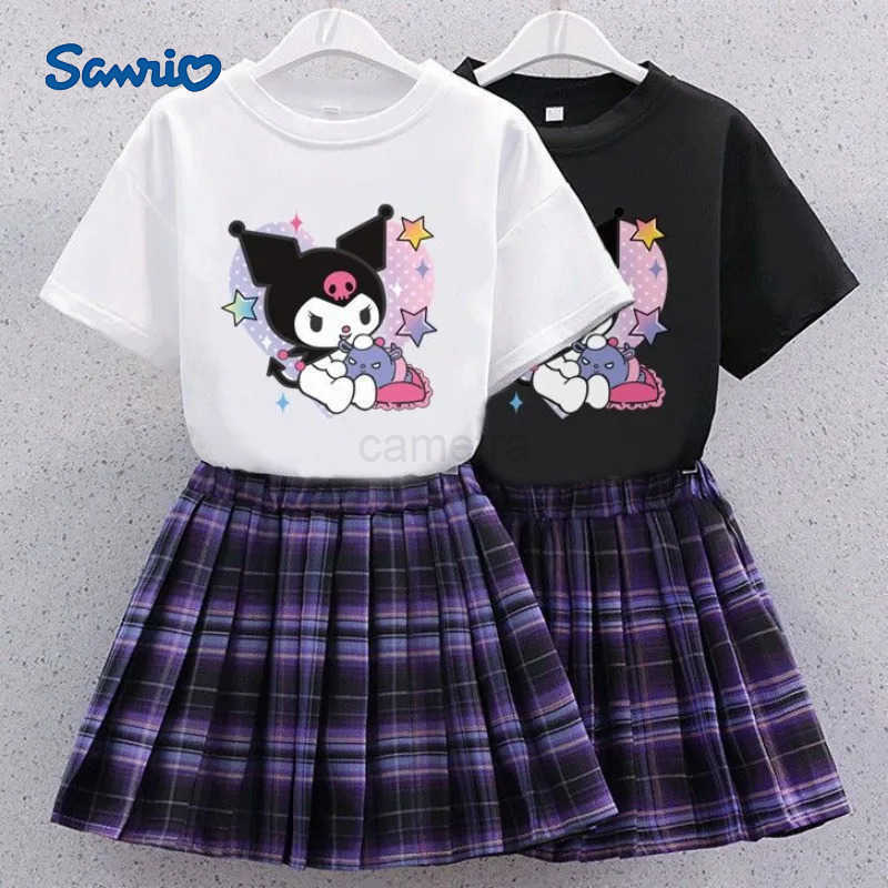 Sanrio Kawaii Kuromi Children T-shirt Pleated Skirt Two Piece Set MINISO Anime Lovely Student Summer Fashion Printing JK Uniform New XJ250618