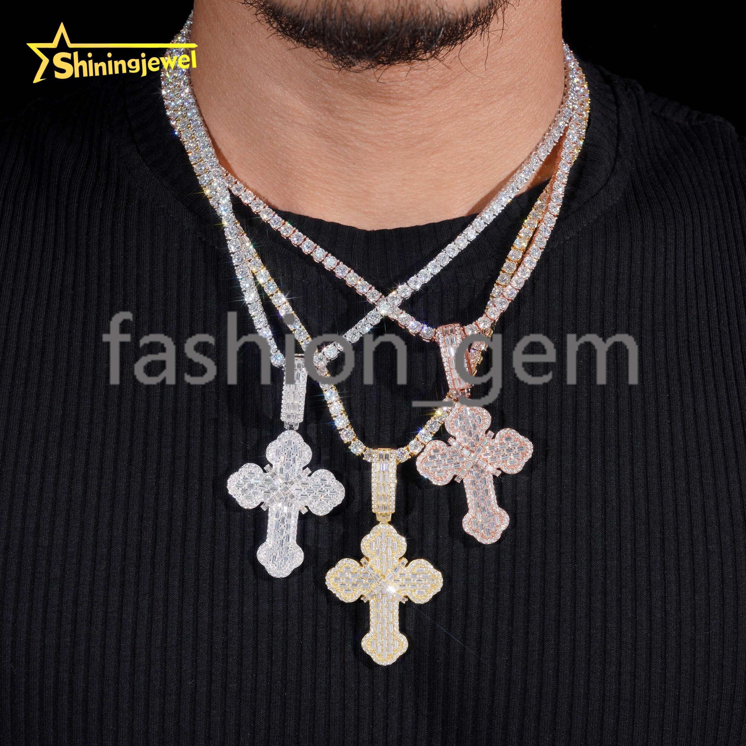 New Design Hip Hop Cross Baguette Moissanite Pendant S925 Gold Plated Moissanite Pass Diamond Test Pendant Ready to Ship