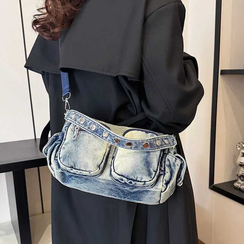 Denim Vintage Crossbody Shoulder Bag Fi Jeans Tote Bags Large Capacity Multiple Pockets Handbags Women Shoulder Bag B250618