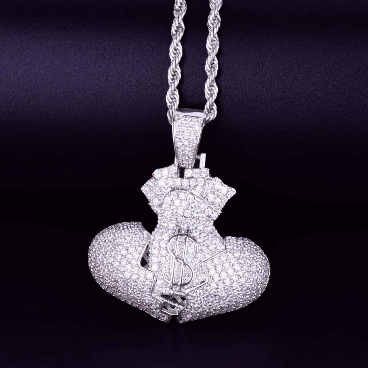 Luxury 925 Silver and 18K Solid Gold Religious Diamond Pendant Iced out Broken Heart Money Bag Moissanite Charms