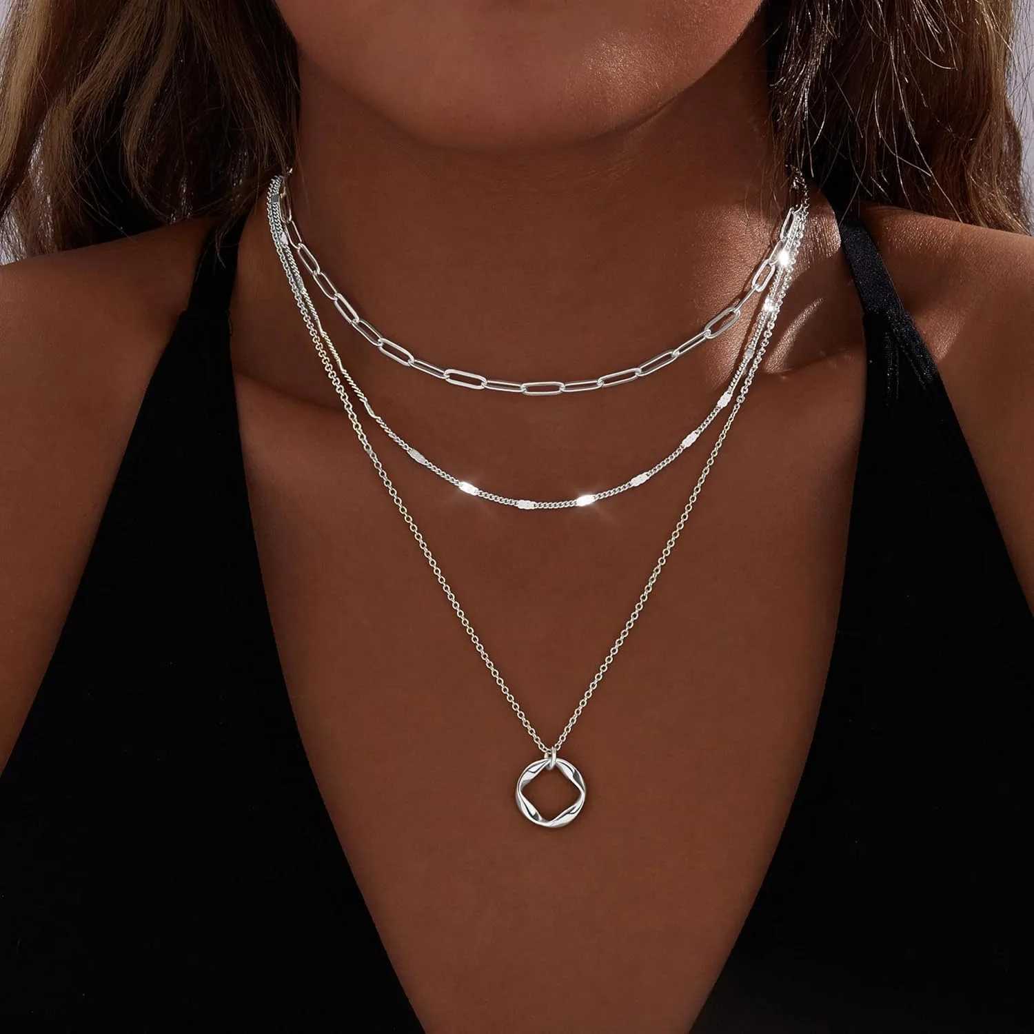 Layered Gold Necklaces for Women Stackable 14K Gold Silver Plated Circle Paperclip Chain Pendant Choker Necklace Set For Woman W250618