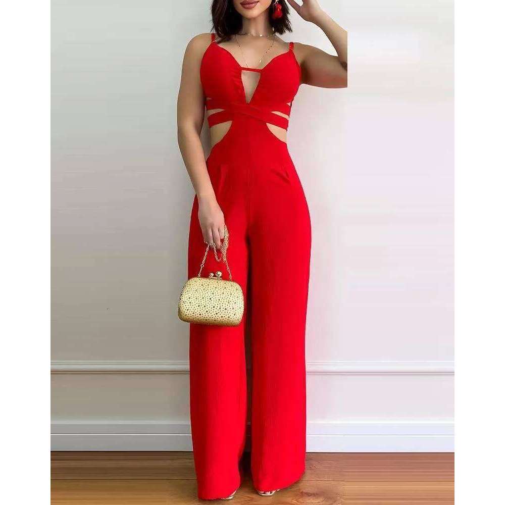 Wear Summer Women Sexy Cutout Shirred Open Back Spaghetti Strap Straight Leg Pants Jumpsuit