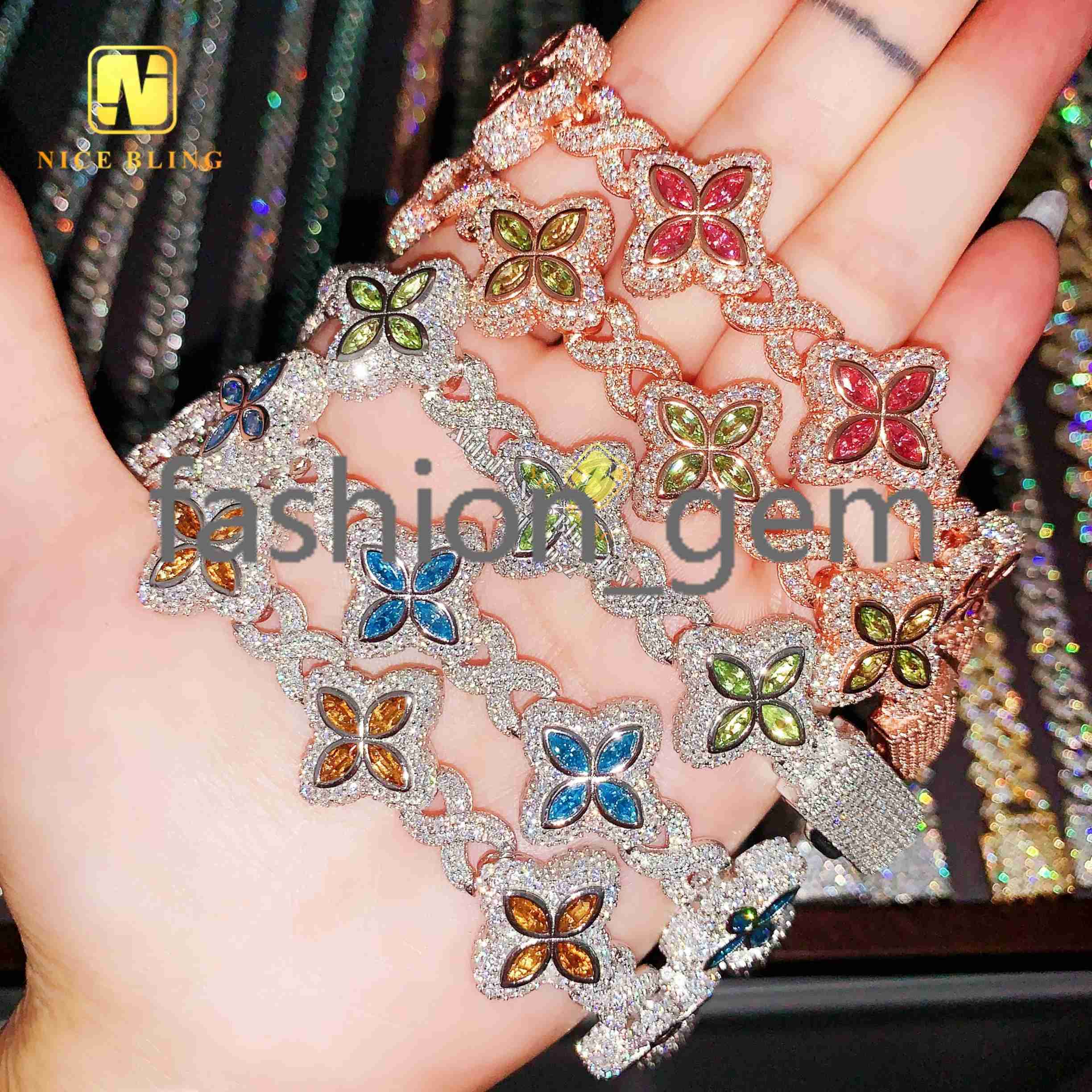 12 Options Colorful Moissanite Flower Cuban Bracelet Ready Stock Hip Hop Fancy Diamond Cuban Link Chain Moissanite 925 Silver