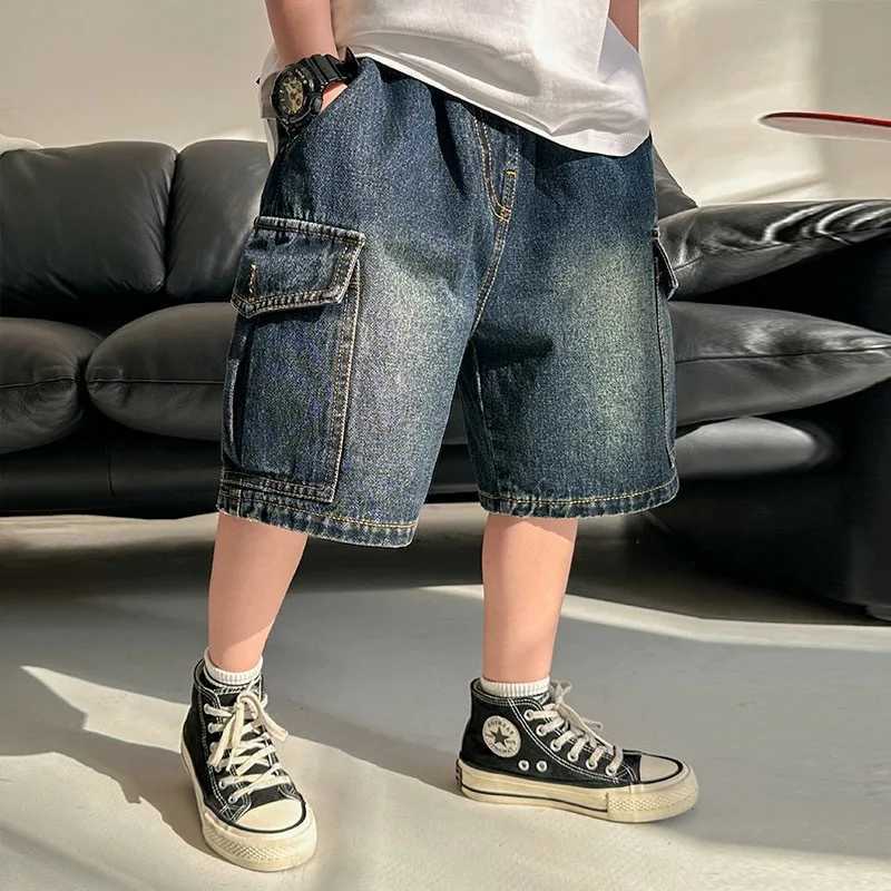 Kids Boys Cargo Denim Pants for Summer Dark Blue/Light Blue Big Pocket Loose Wide Leg Shorts Casual Children Short Pants A24607C250617
