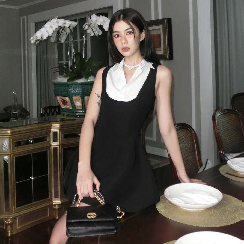 Ins Spring Summer New Sweet Shirt Collar Patchwork Color Block Slim Fit Sleeveless Dress For Women B5
