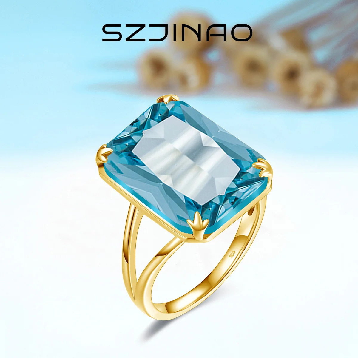 Classic Aquamarine Ring 925 Sterling Sliver Rings For Women Gold Plated Gemstone Vintage Party Gift Female Fine Jewelry 250603