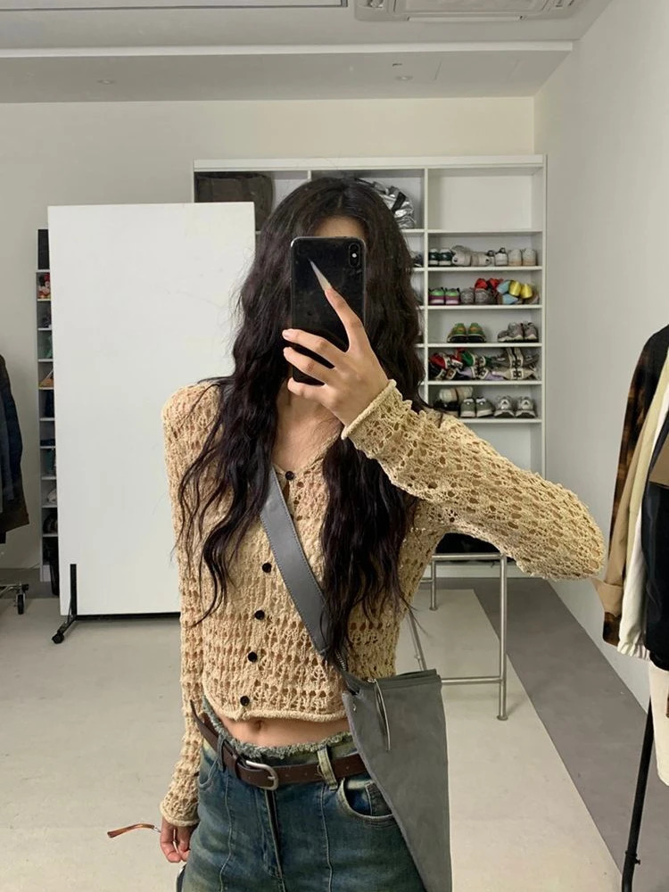 Fashion Cardigan Y2k Coat Solid Color Hollow Out Hooded Long Sleeve Short Smock Thin Summer Female Slim Womens Clothing 250617