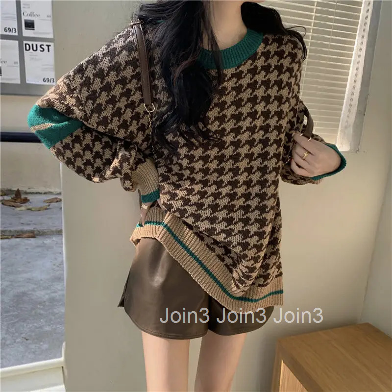 Plaid Graphic Brown Knit Tops For Woman Round O Neck Womens Sweater Modern Jersey Elegant Hot Offers Y2k Vintage Korean Style