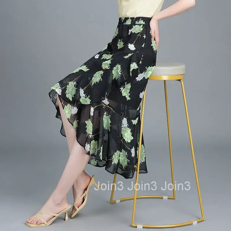 Woman Skirt Chiffon Midi High Waist Tight Ruffle Wrap Skirts for Women Aesthetic V Clothing Sales Premium Vintage Luxury Elegant