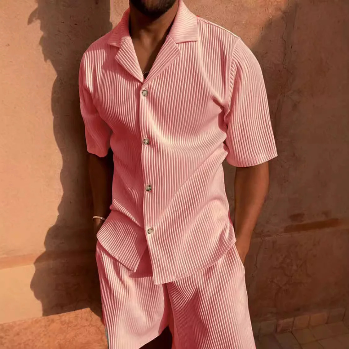 Mens Corduroy Casual Short Sleeve Shirt Shorts Suit Beach Style Lapel Collar Running Training 250614