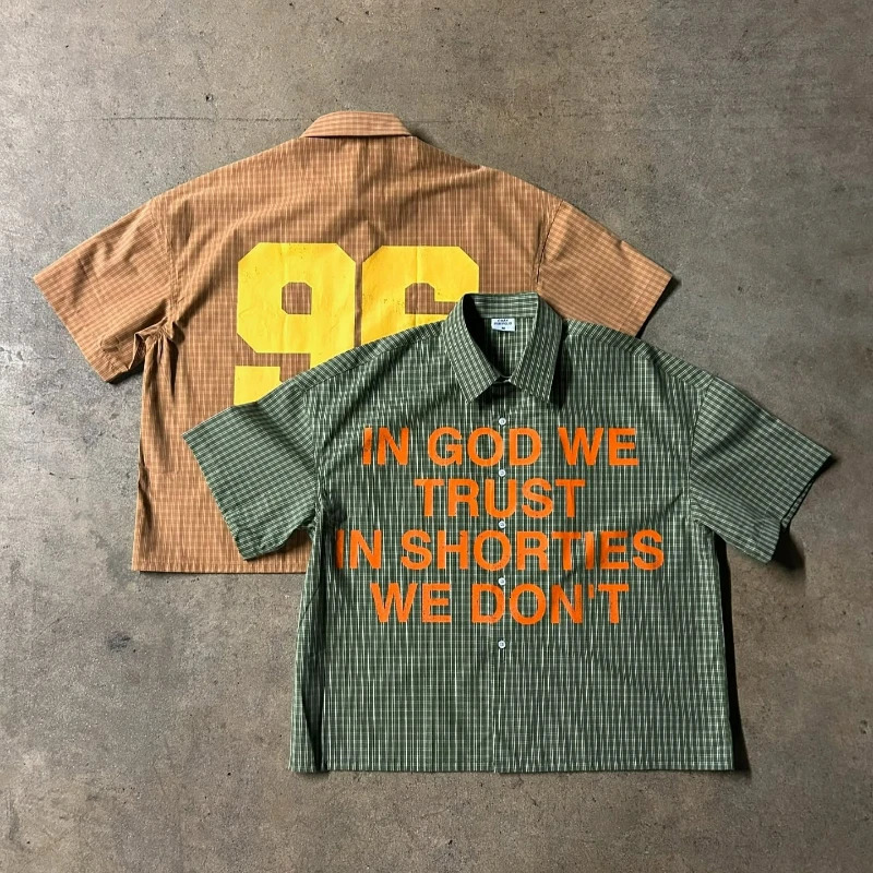 Y2k Plaid Shirt Trust God Text Graphic Printing Men Women Sweatshirt Retro Hip Hop Trendy Streetwear Unisex Boxy Casual T-shirt 250617